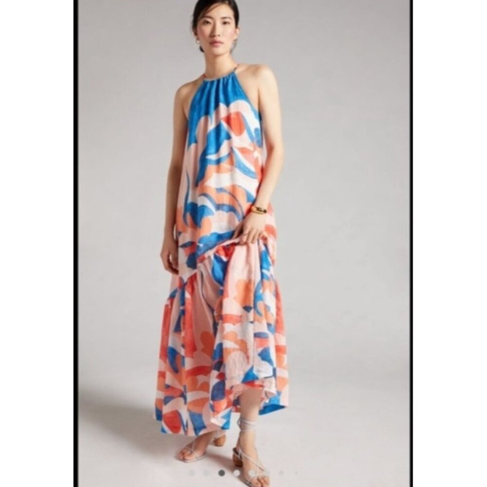 Maeve Anthropologie Halter Maxi Dress Summer Abstract Print Boho Chic, Size XS